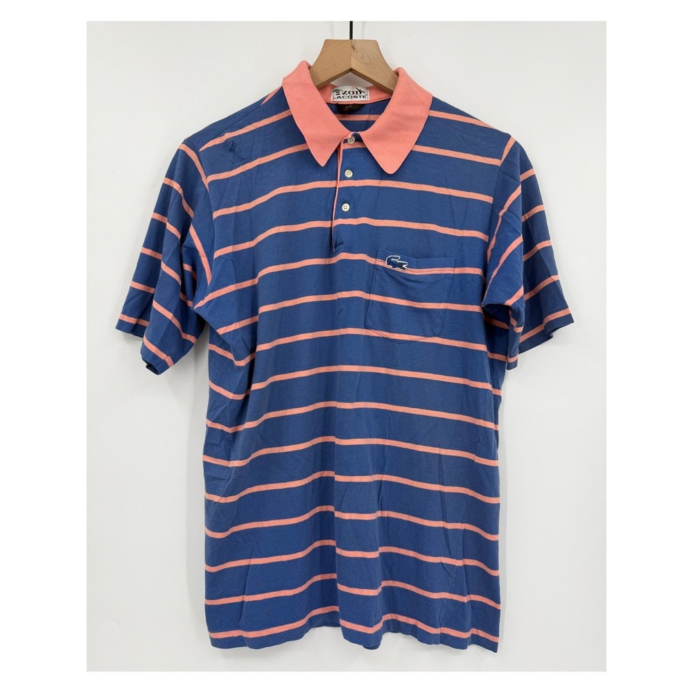 Vintage Izod Lacoste Polo‎ Shirt Mens Medium Blue Crocodile Distressed 80s